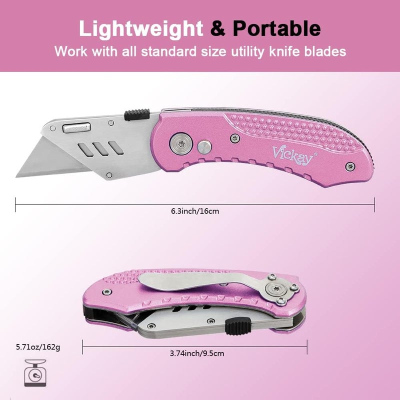 Vickay Box Cutter Utility Knife Heavy Duty with 5 SK5 Quick Change Blades, Safety Axis Lock Design Razor Knife, Lightweight Aluminum Body Belt Clip for Office (Pink) - Image 3